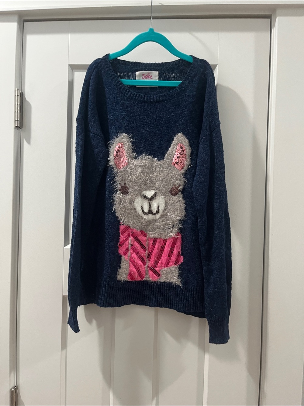 Navy Graphic Alpaca Knit Sweater with Pink Sequin Scarf Justice Girls 14 EUC